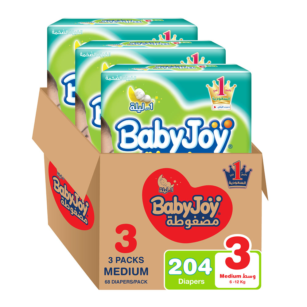 بيبي جوي - حفاضات مضغوطة بوسادة ماسية - الحجم 3 متوسط - 6-12 كلغ - عدد 3 - عدد 204