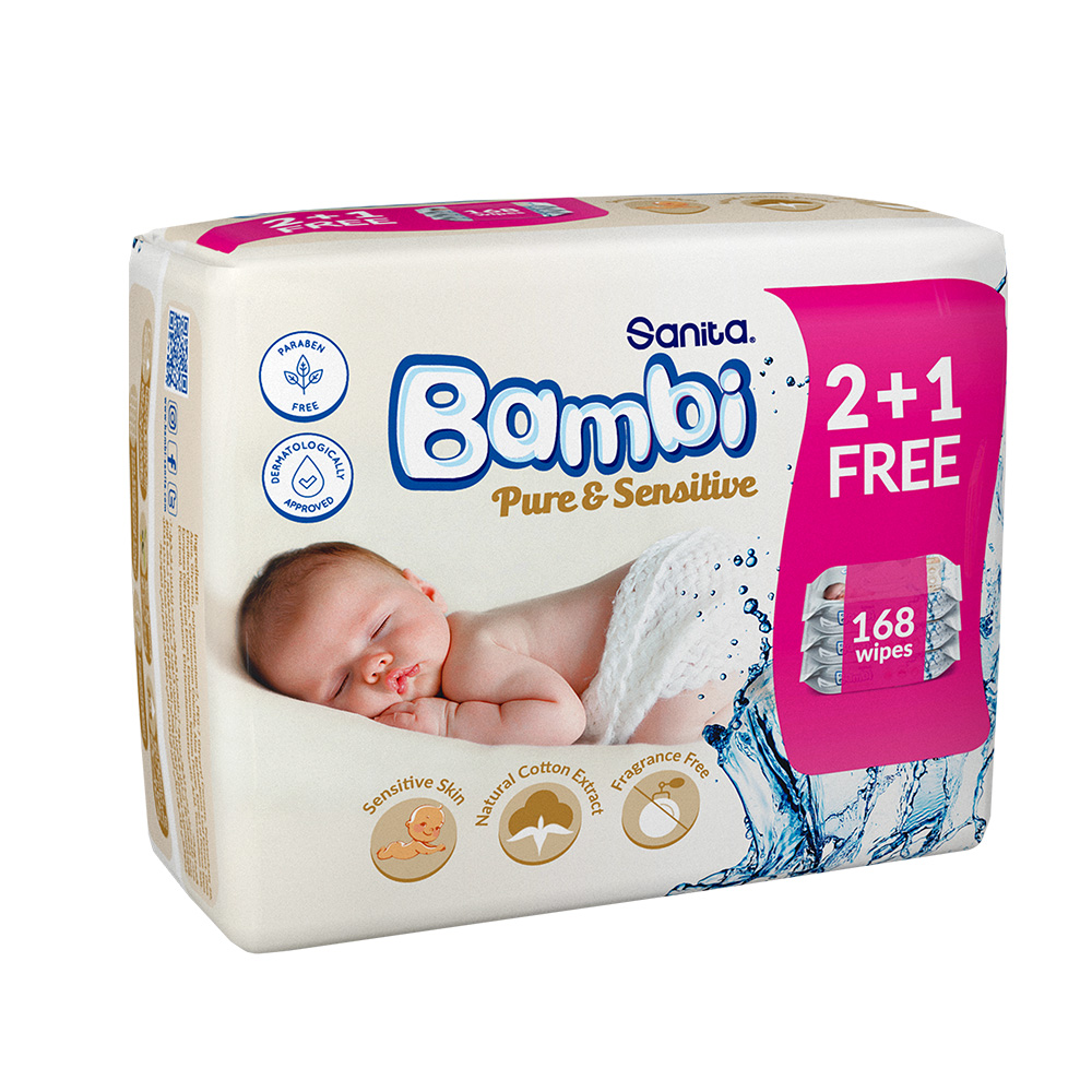 Sanita Bambi Pure And Sensitive Baby Wet Wipes - Pack Of 4 - 672 Wipes
