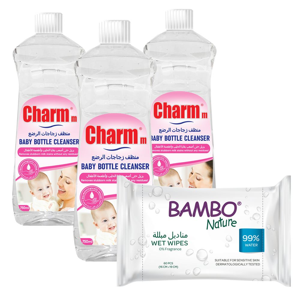 Charmm - Baby Bottle Cleanser & 60 Bambo Nature Wet Wipes Set - Pack of 3 - 750 ml