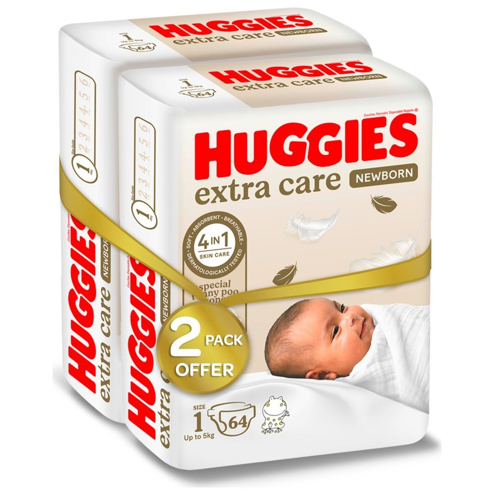 Huggies Extra Care Newborn, Size 1, Up to 5 kg, Twin Jumbo Pack, 128 Diapers - Packaging May Vary