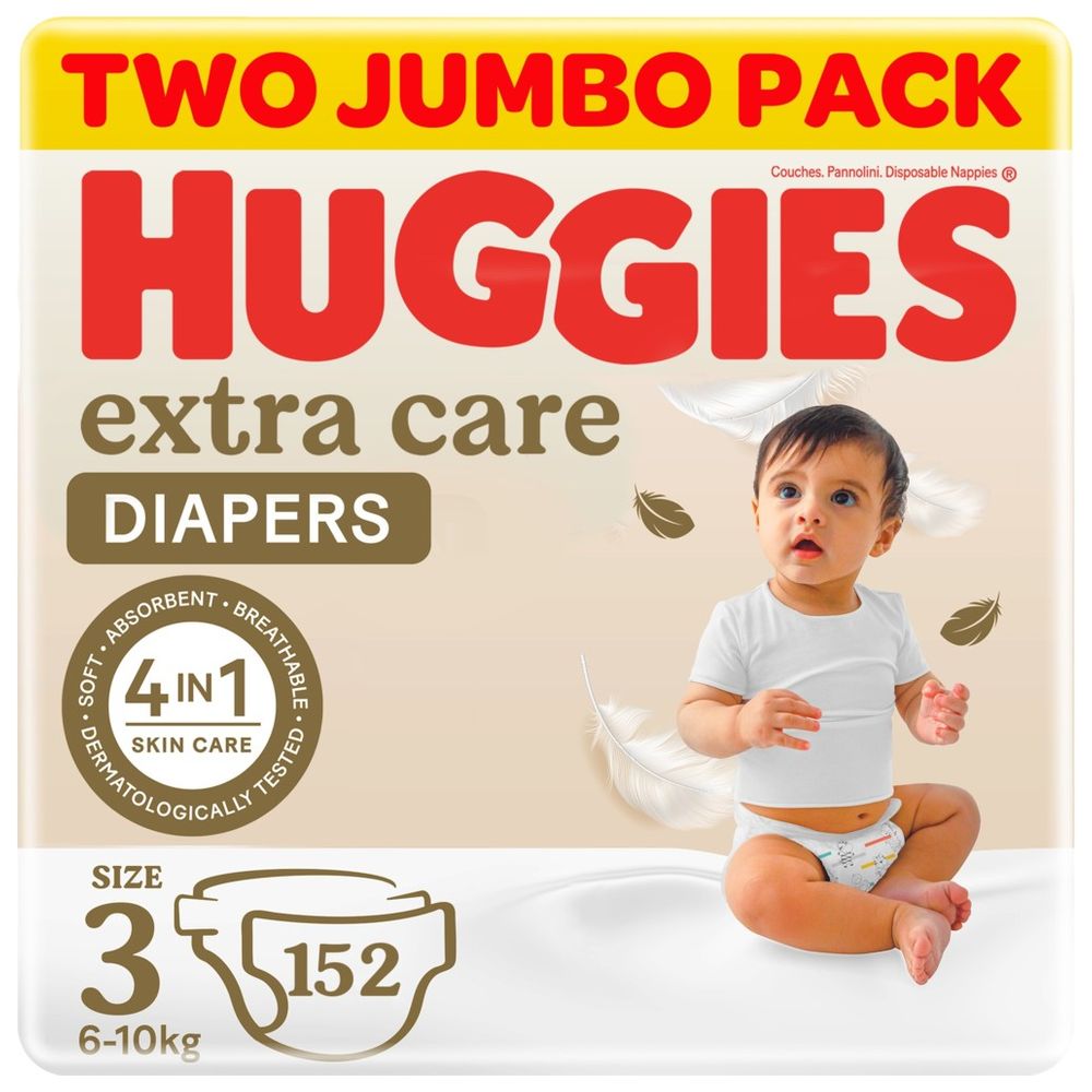 Huggies Extra Care, Size 3, 6-10kg, Twin Jumbo Pack, 152 Diapers