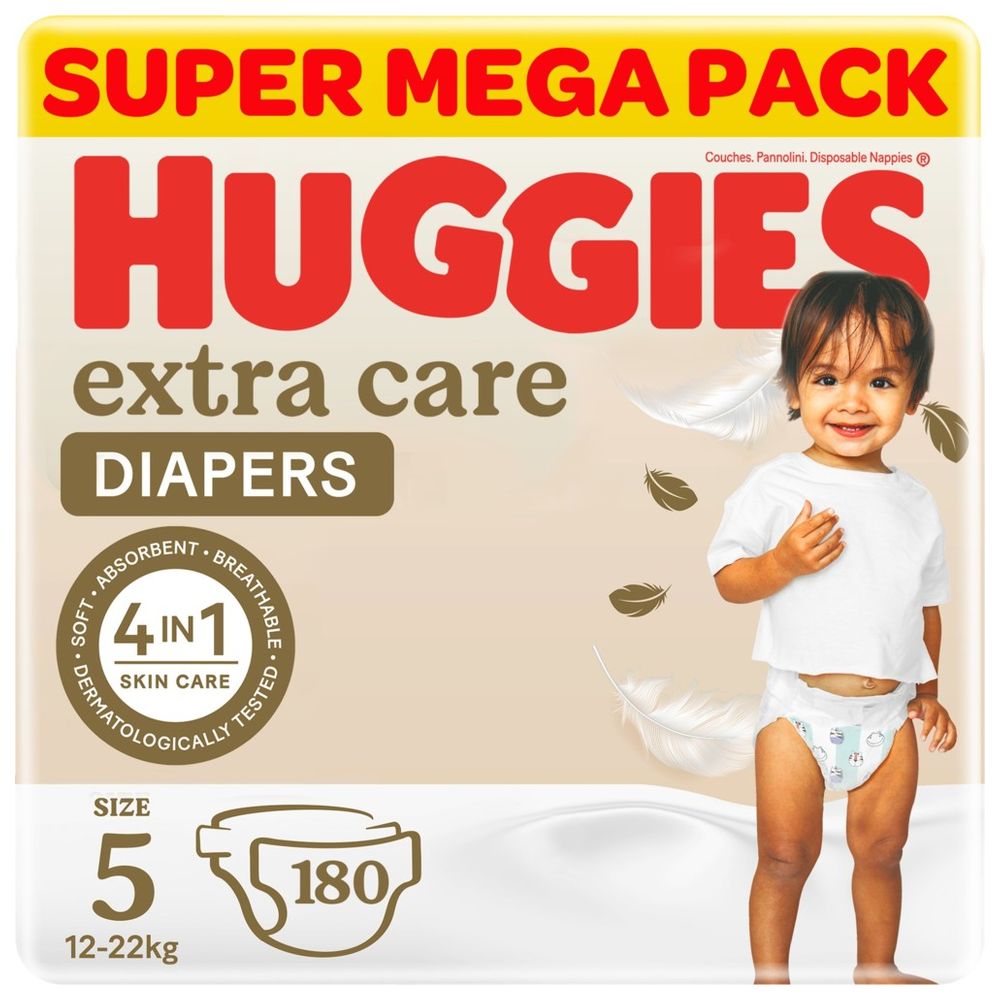 Huggies Extra Care Baby Diapers, Size 5, 12 -22 kg, Super Mega Pack, 180 Diapers - Pack of 3 - Packaging May Vary