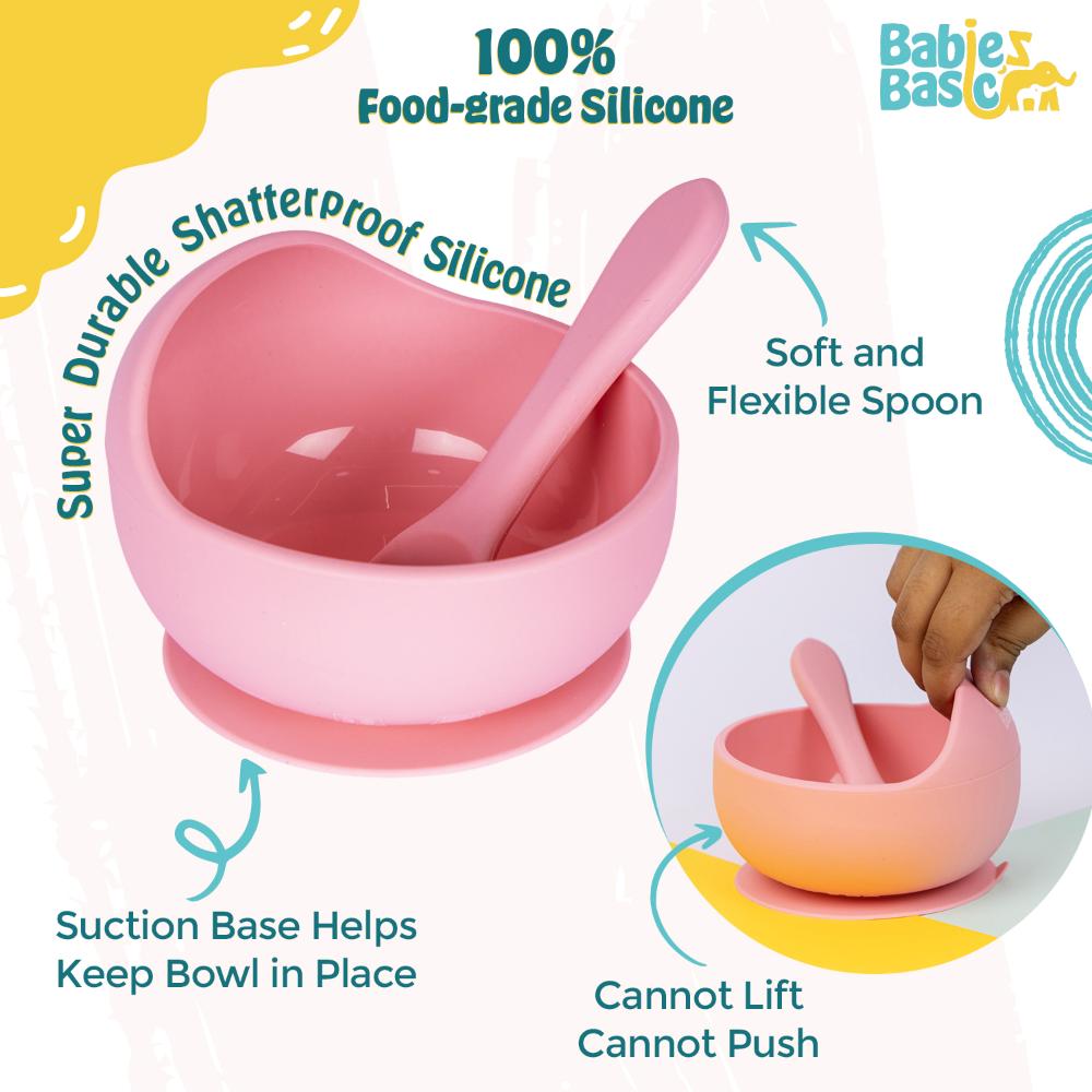 Babies Basic - Silicone Bowl & Spoon Feeding Set - 2pcs - Pink