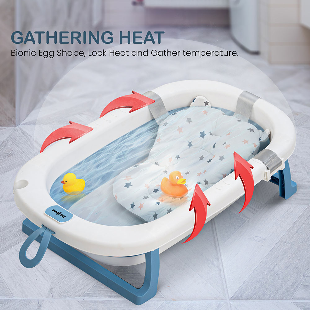 Baybee - Foldable Baby Bath Tub With Cushion Seat - Blue