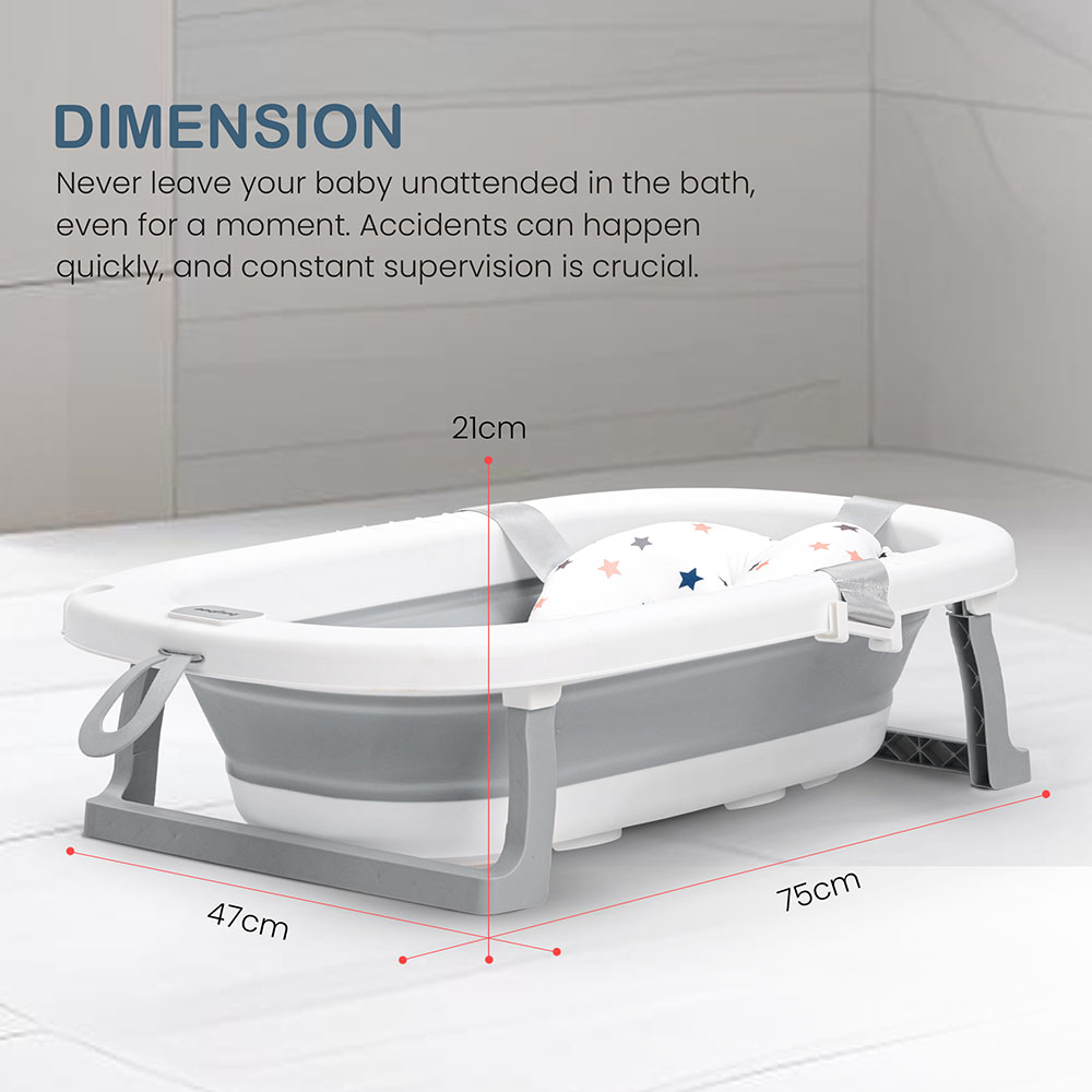Baybee - Foldable Baby Bath Tub For Kids With Cushion Seat - Grey