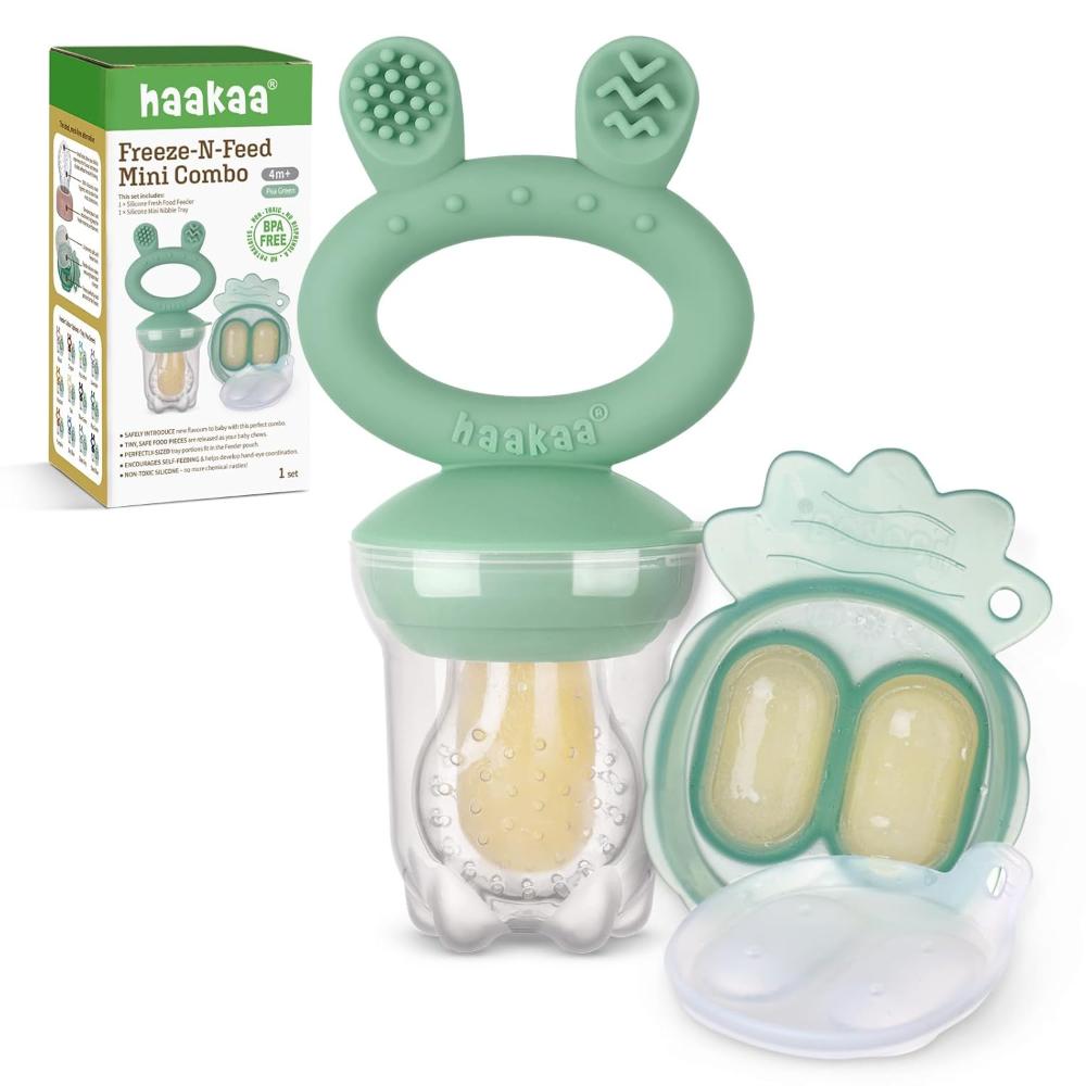 Haakaa - Freeze-N-Feed Fresh Food Feeder Teether And Nibble Tray Set - Pea Green - 2pcs