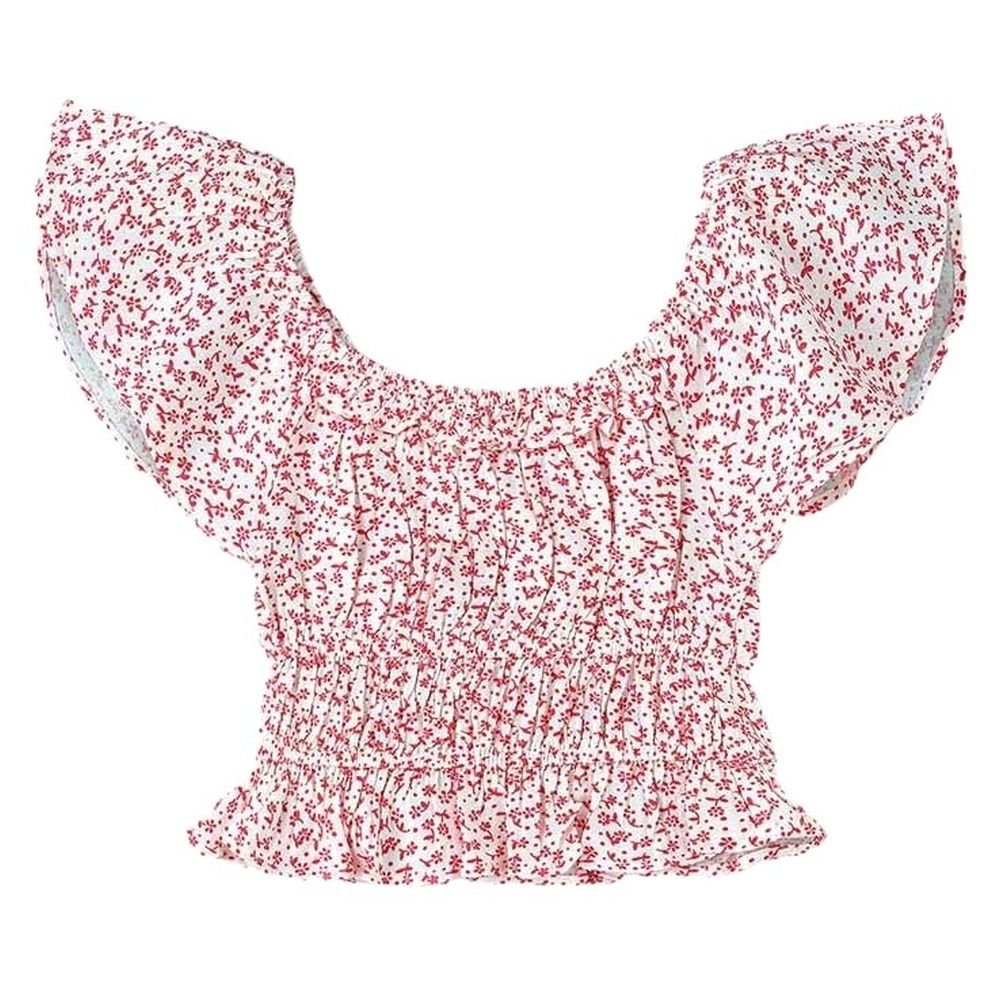 Jelliene - Flower Print Woven Blouse - Pink