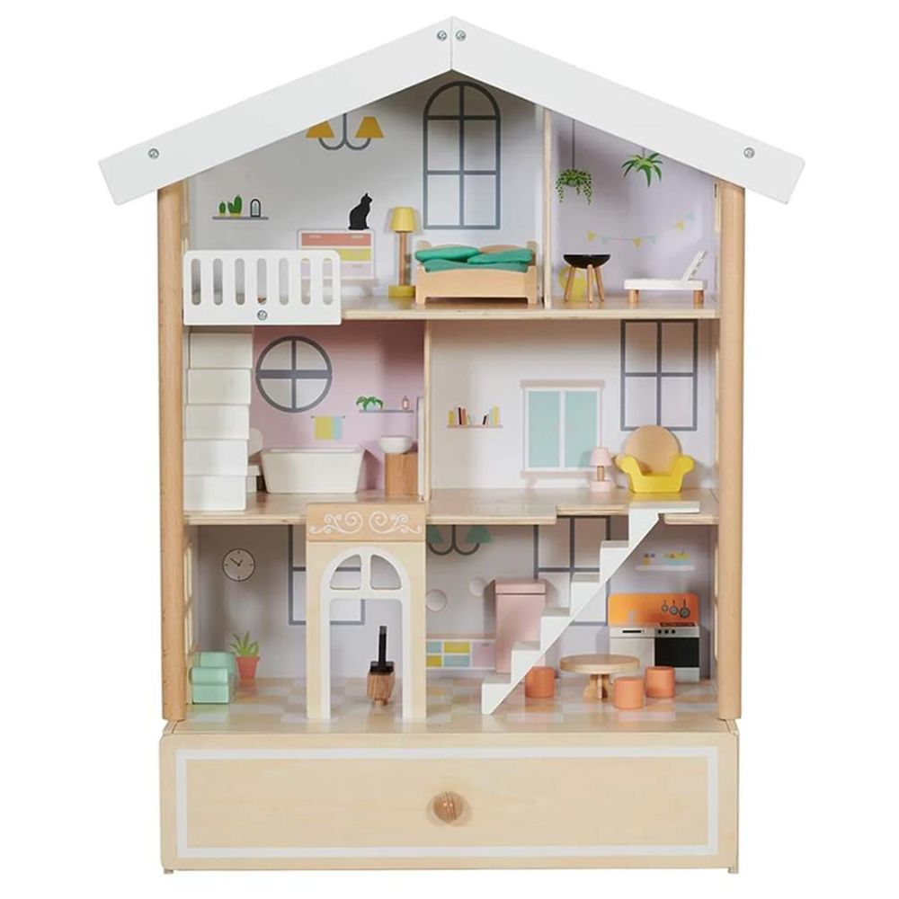Classic World - Happy Villa Wooden Dollhouse With Furniture And Drawer