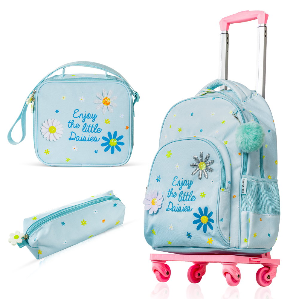 Eazy Kids - Girl's Backpack with Trolley, Pencil Case & Lunch Bag Set - Li'l Daisy Green