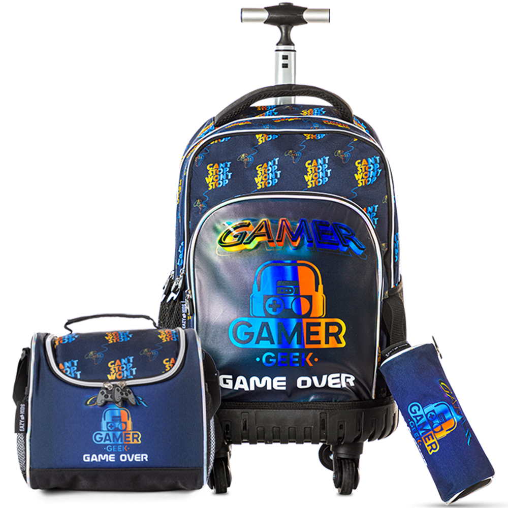 Eazy Kids - 4-wheel School Trolley 3Pc Set - Gamer Edition - 18-Inch/46cm