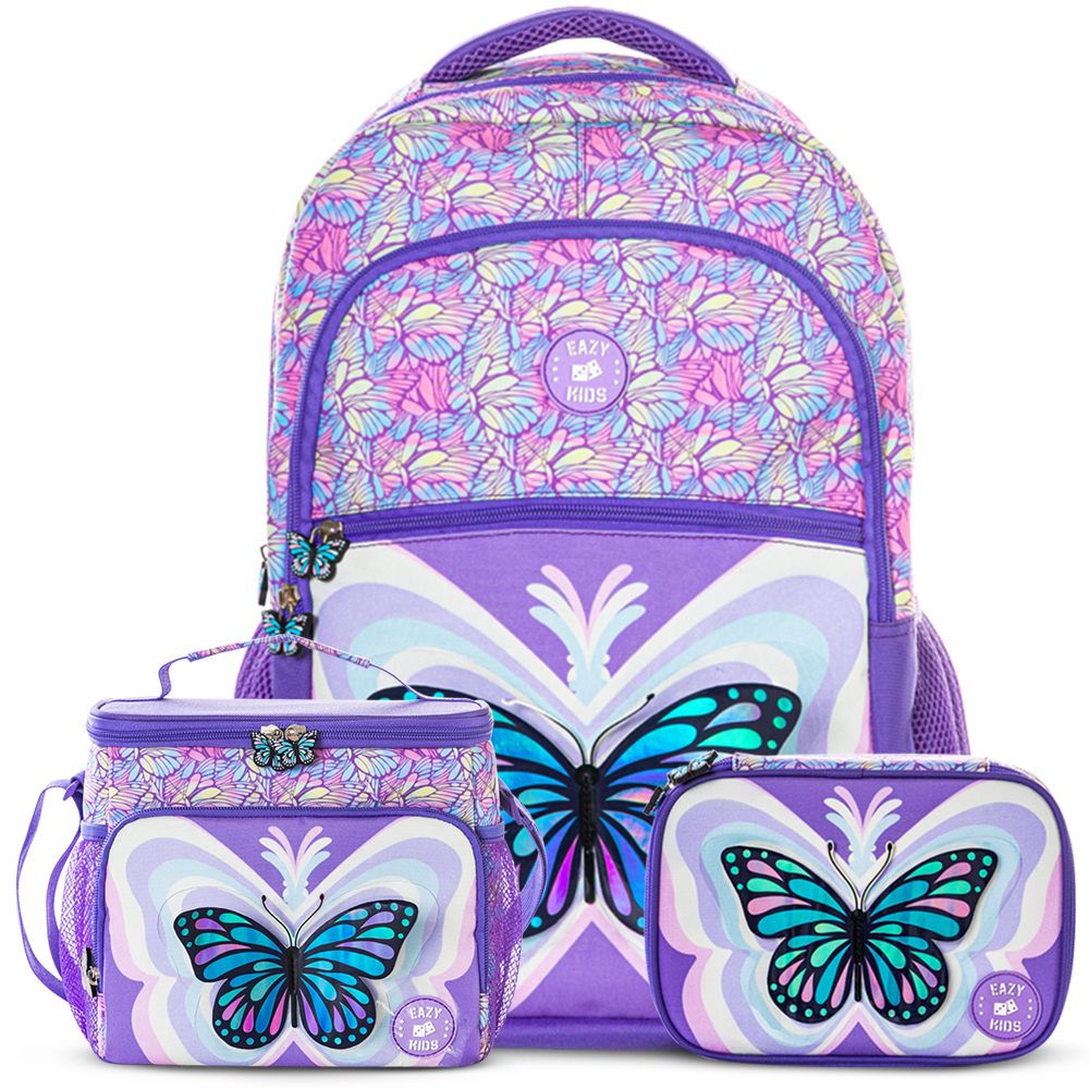 Eazy Kids - Backpack with Lunch & Pencil Bag - 3D Purple Butterfly - 18-Inch/46cm