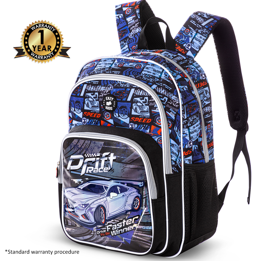 Eazy Kids - Backpack With Lunch Bag & Pencil Case - Car Racing - 18-Inch/46cm