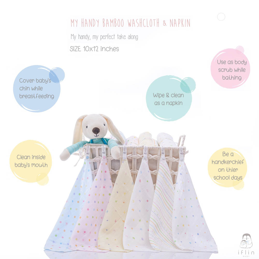 Iflin Baby - My Handy Bamboo Washcloth And Napkin - Playful Stars - 6pcs