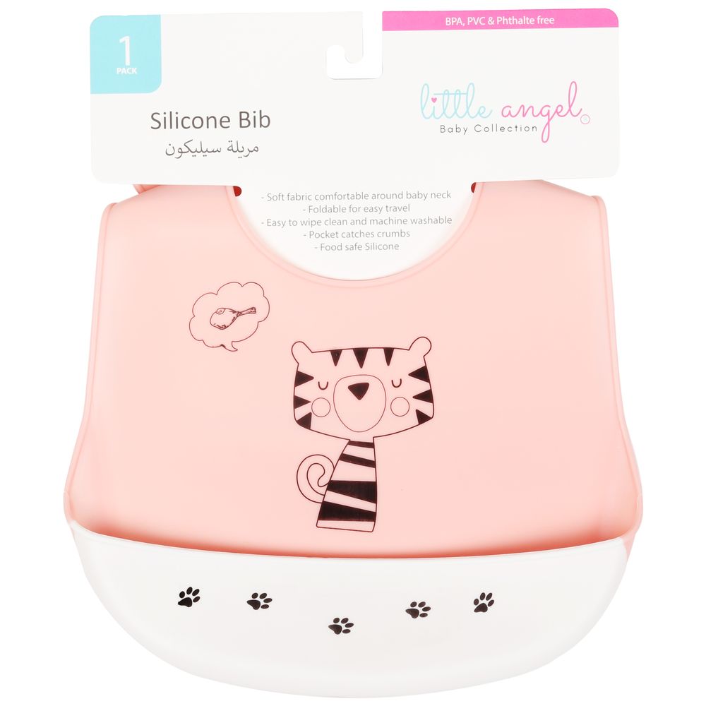 Little Angel Cat Printed Silicone Baby Bib For Infant - Peach