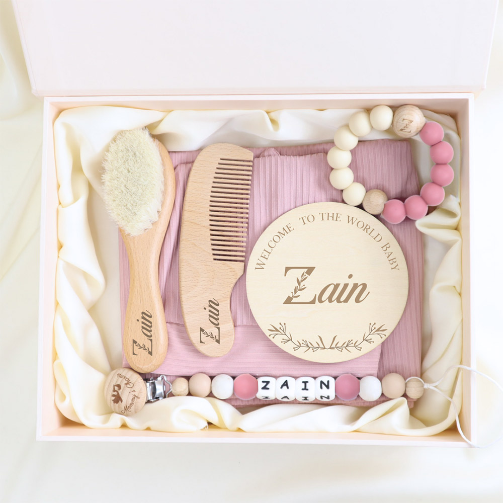 Mommy's Charms - Personalized New Born Velvet Gift Box - 7 Pcs - Pink
