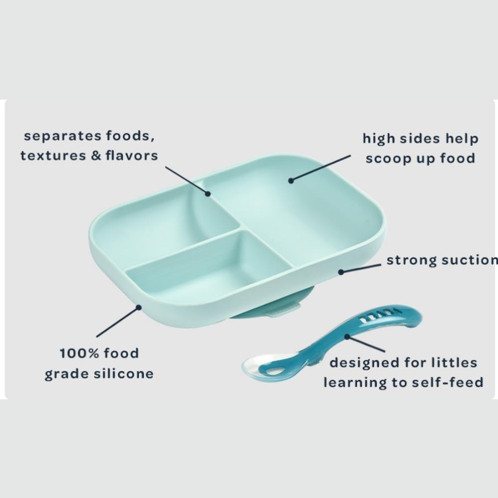 بيبا - صحن سيليكون مقسم بقاعدة شفط مع ملعقة - أزرق