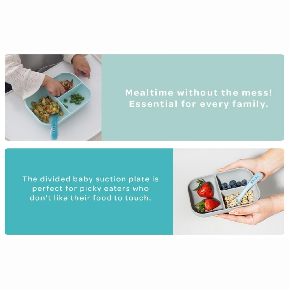بيبا - صحن سيليكون مقسم بقاعدة شفط مع ملعقة - أزرق