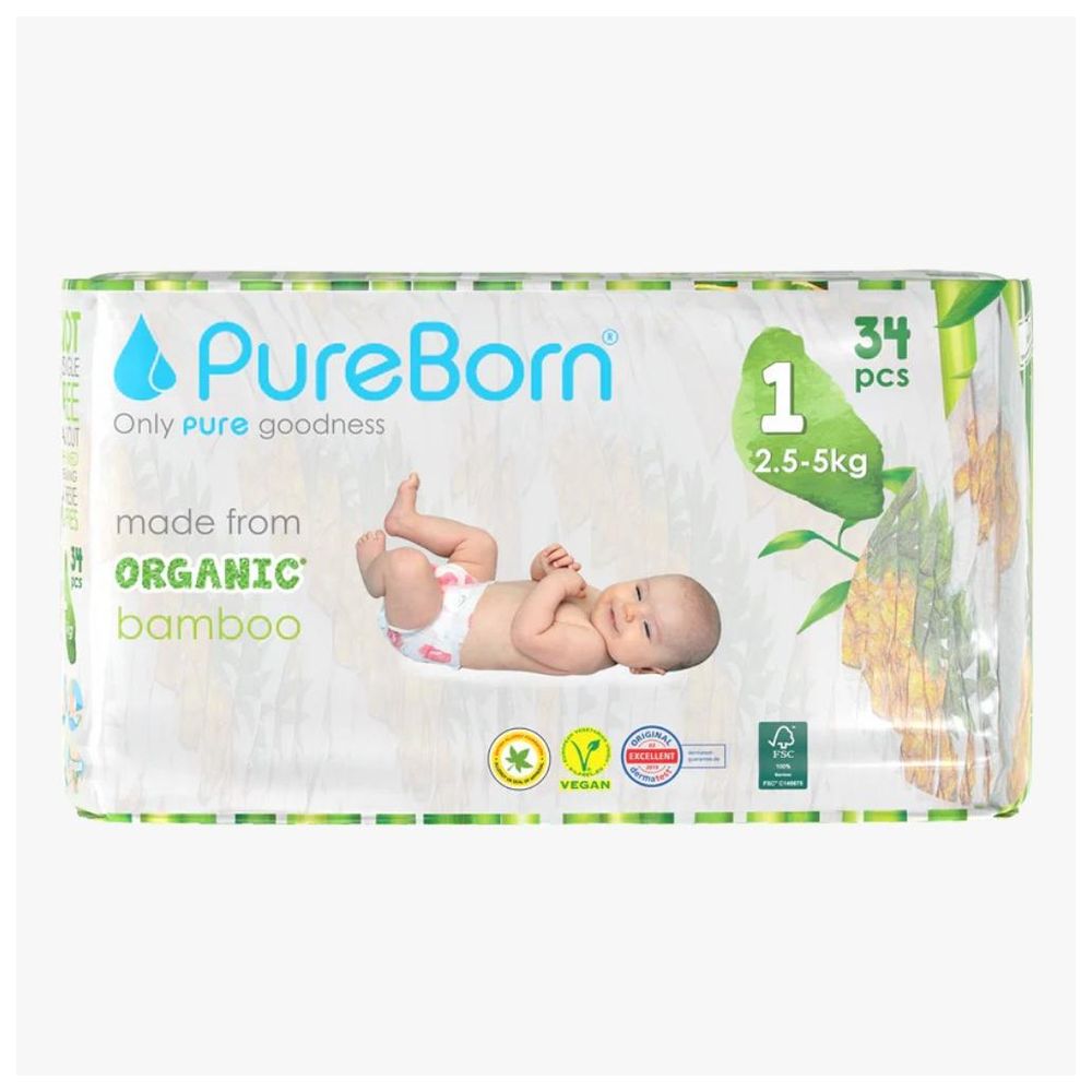 Pureborn Single Pack Nappies Size 1 - 2.5-5kg - 34pcs - Design May Vary