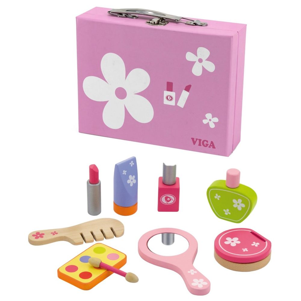 فيجا - طقم مكياج خشبي أنيق - مرآة، أحمر شفاه، طلاء أظافر، إكسسوارات