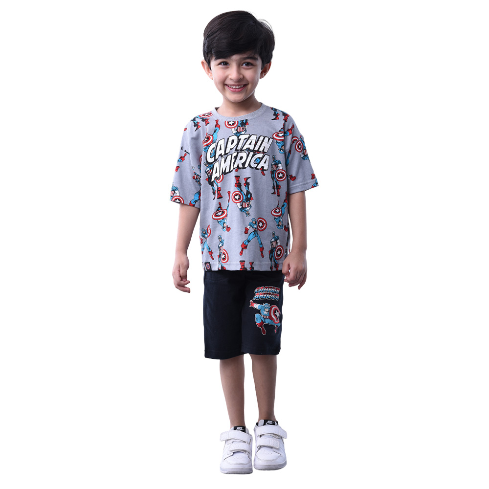 Marvel - 2pc-Set - Captain America Short Sleeve T-Shirt With Shorts - Grey