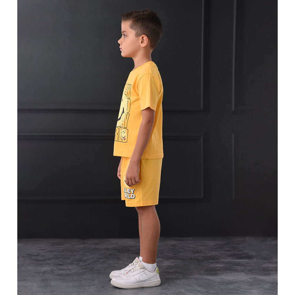 Emoji - 2pc-Set - Boy Smiley Half Sleeve T-Shirt With Shorts - Light Orange