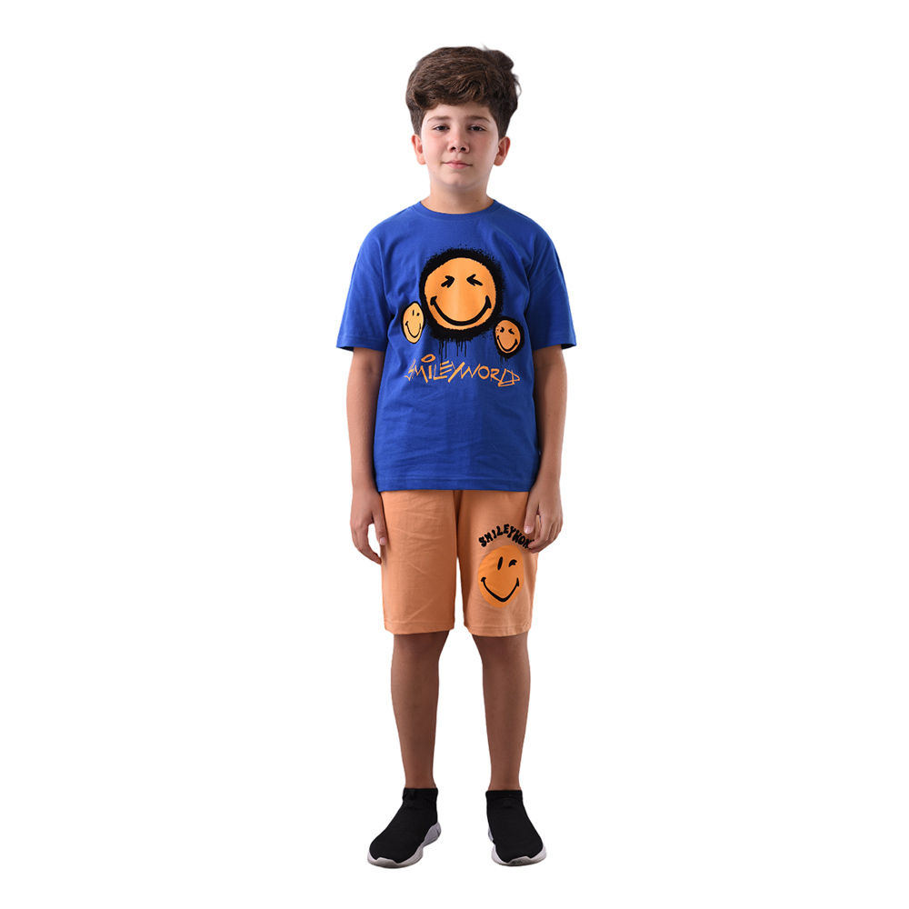 Emoji - 2pc-Set - Boy Smiley T-Shirt With Shorts - Navy/Tan