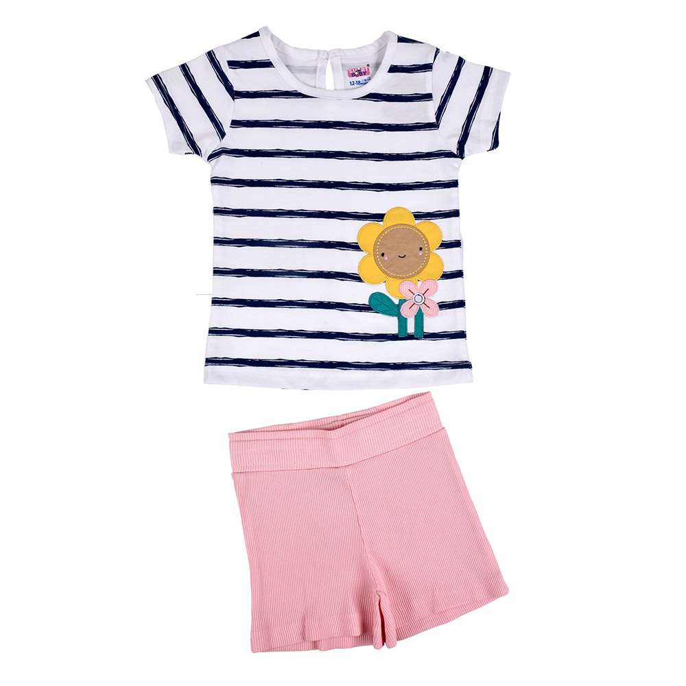 Smart Baby - 2pc-Set - Stripes Top With Shorts - White/Pink