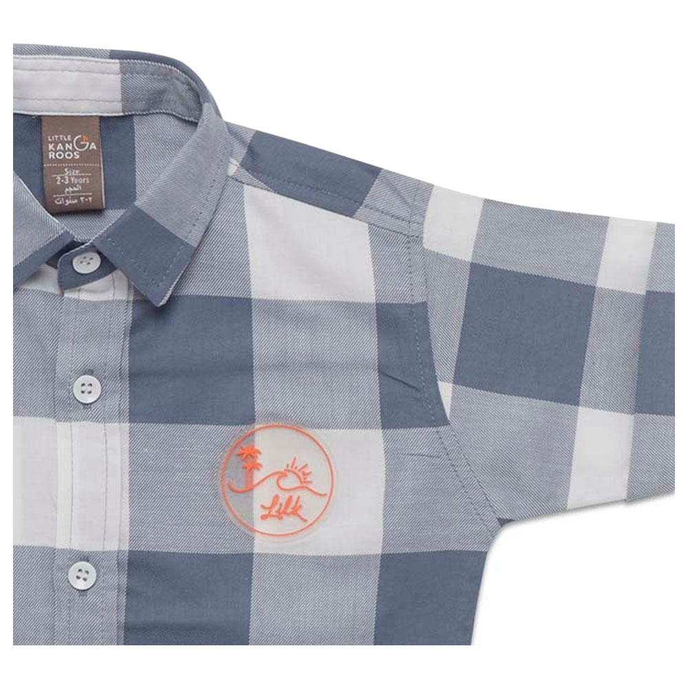 Little Kangaroos - Boy Collar Neck Checks Shirt - Denim Blue/White