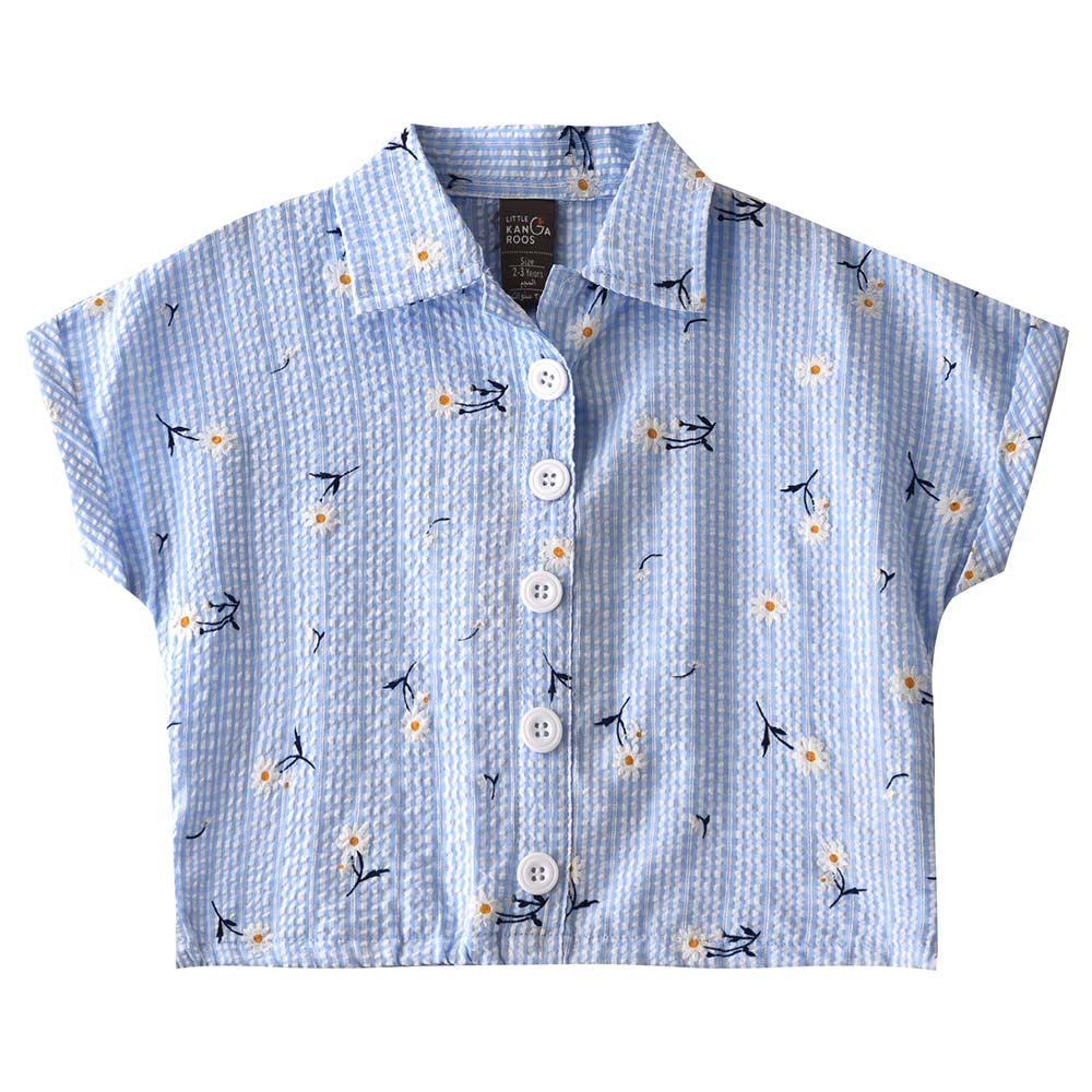 Little Kangaroos - Girl Collar Neck Fold Sleeve Printed Blouse - Blue