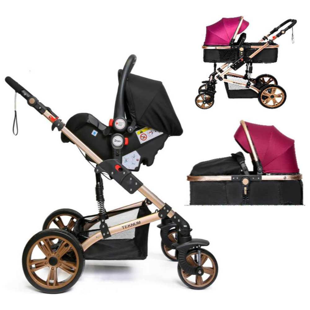 Teknum 3-in-1 Pram Stroller Story - Wine + Infant Car Seat