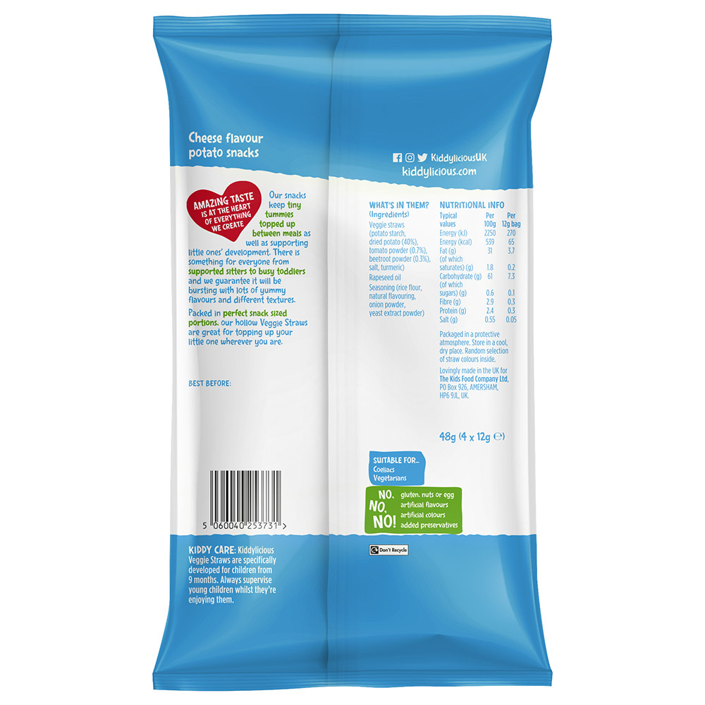 Kiddylicious - Cheesy Veggie Straws - Pack Of 4 - 12g