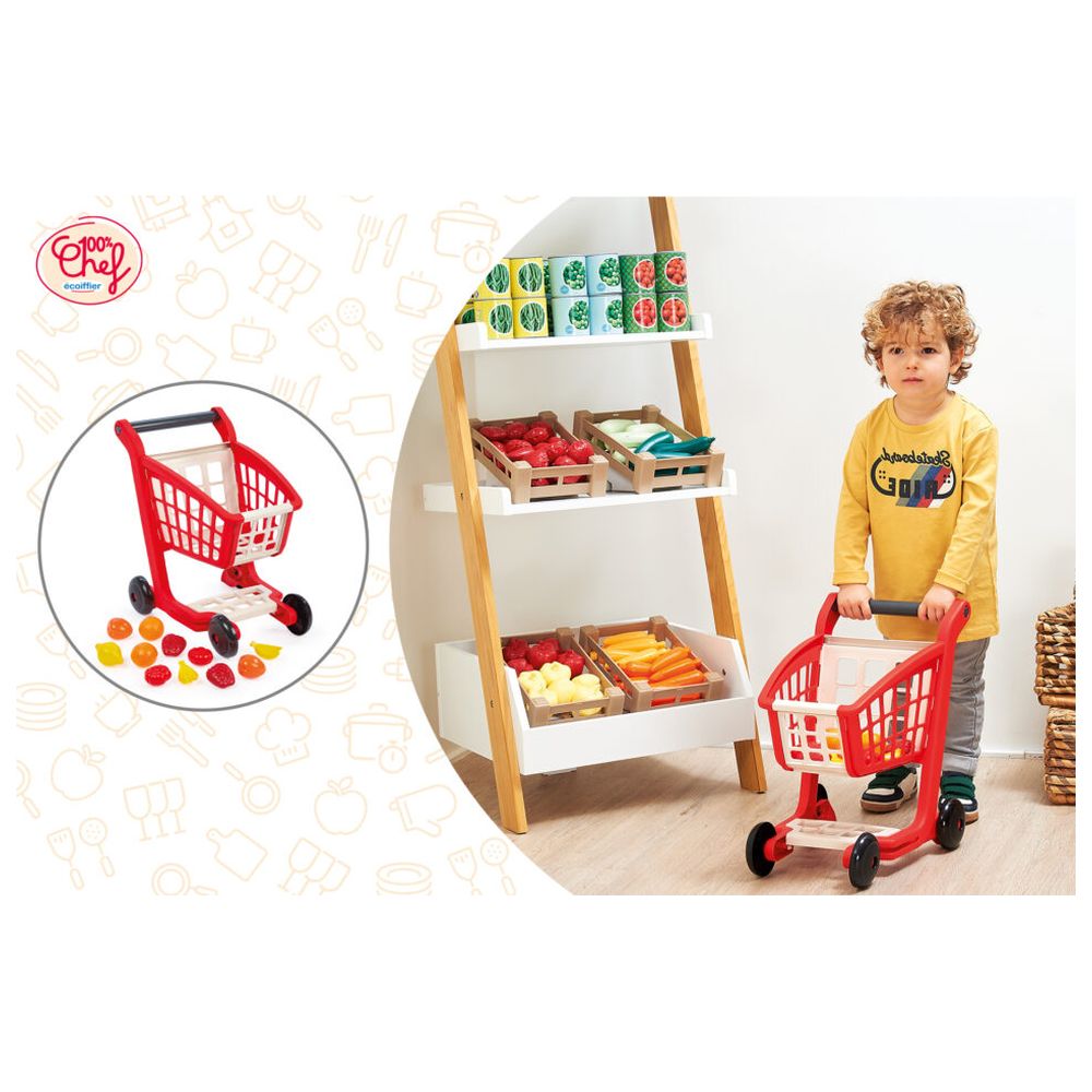 Ecoiffier - Bubble Cook Garnished Supermarket Trolley with 12pcs Fruits & Vegetables