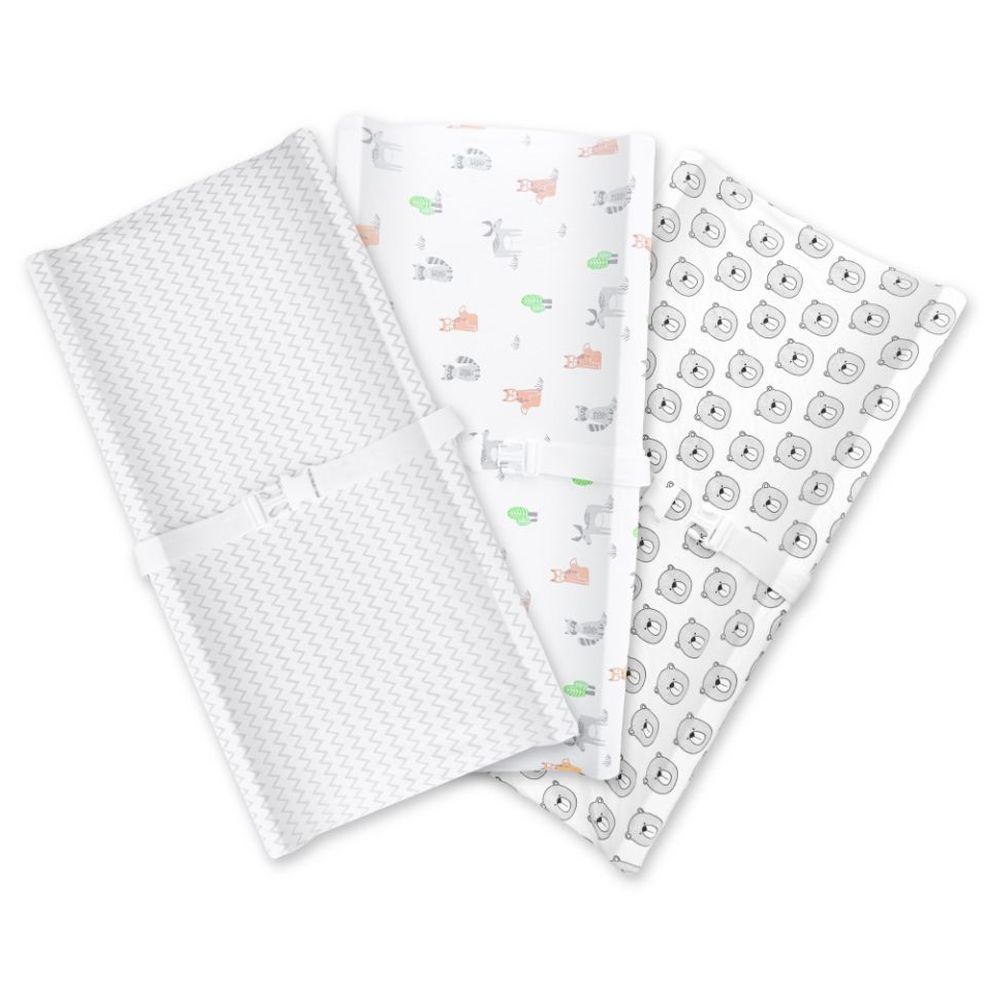 Moon Organic Changing Pad Cover Pack of 3 - Grey Stripes & Forest
