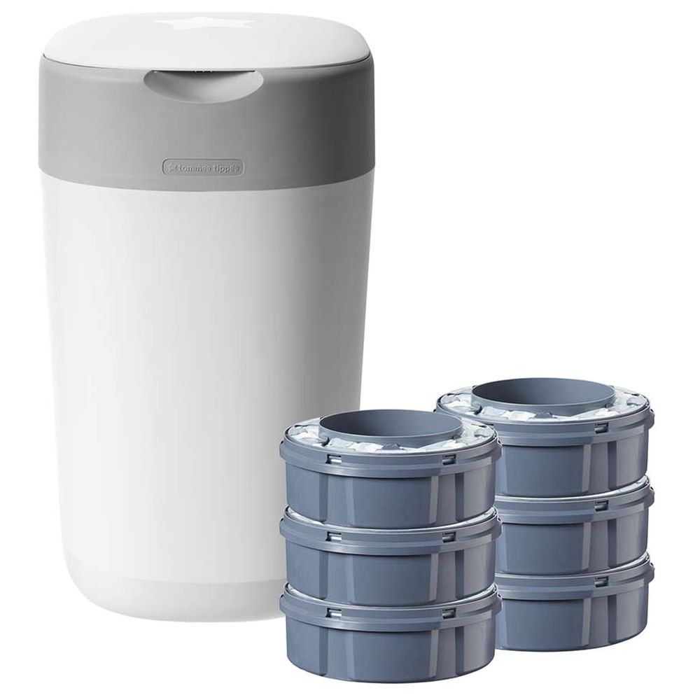 Tommee Tippee Twist and Click Advanced Nappy Bin Starter Set with 6x Refill Cassettes - White 