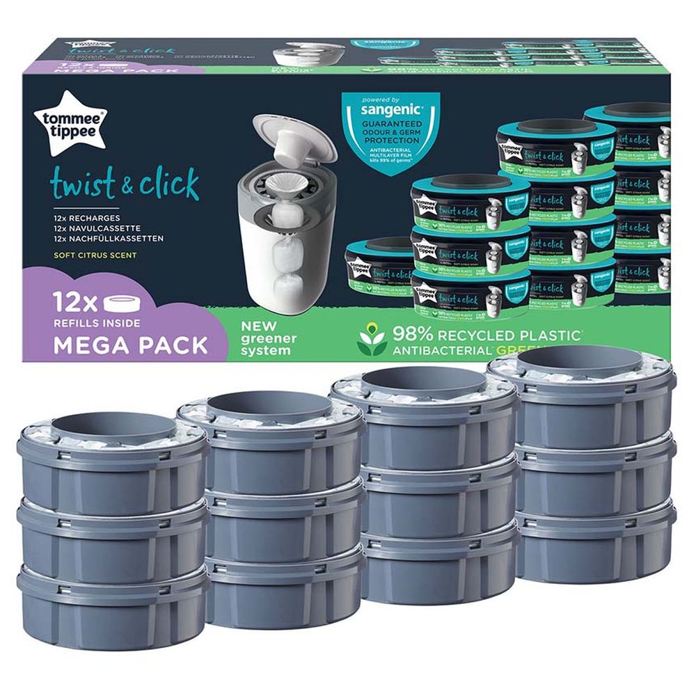 Tommee Tippee Twist and Click Advanced Nappy Bin Starter Set with 12x Refill Cassettes - White