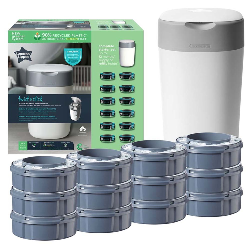 Tommee Tippee Twist and Click Advanced Nappy Bin Starter Set with 12x Refill Cassettes - White