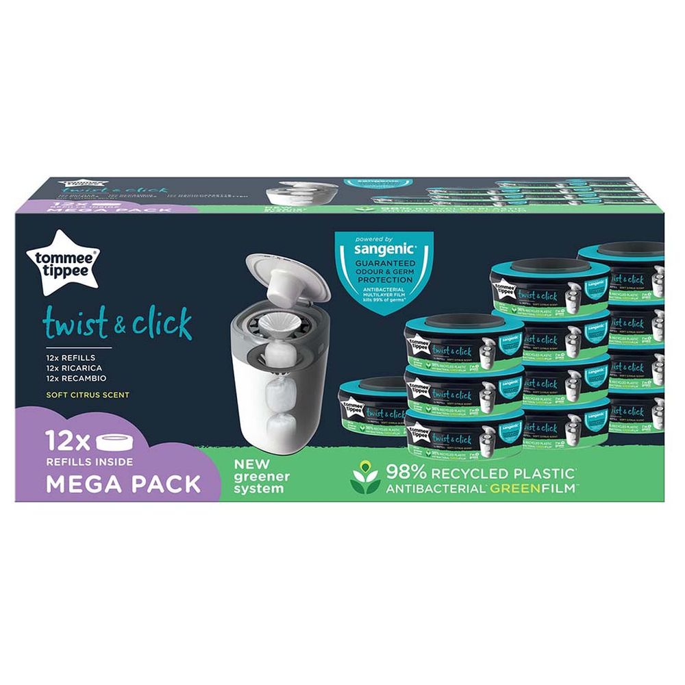 Tommee Tippee Twist and Click Advanced Nappy Bin Starter Set with 12x Refill Cassettes - White