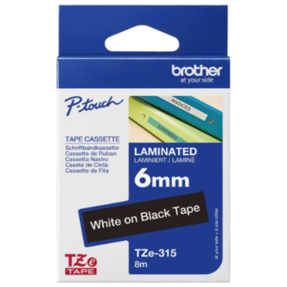 Brother - 6mm White On Black Laminated Label Tape TZE-315