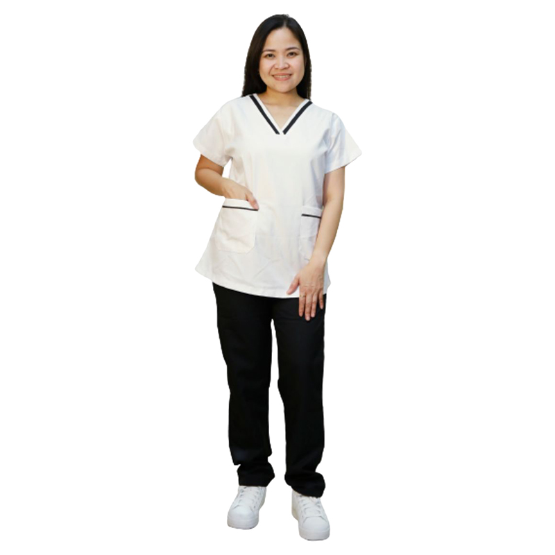 Veronica - 2pc-Set - V-Neck Scrub Uniform With 2 Pockets - White/Black