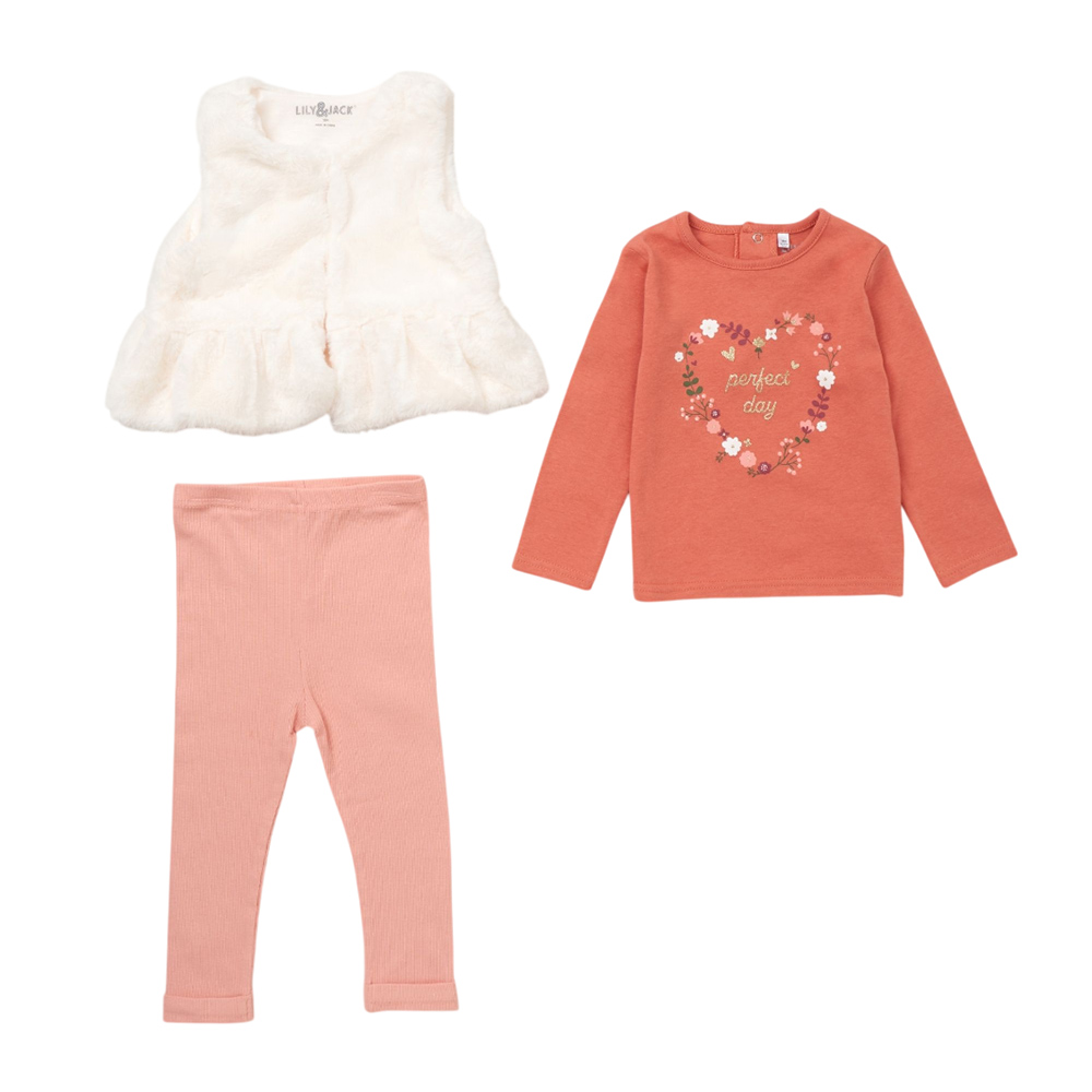 Lily & Jack - 3pc-Set - Girl's Top With Pants & Waist Coat - Coral/White