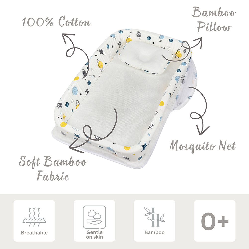 White&Grey - Baby Bed With Soft Bamboo Paddings - Planet