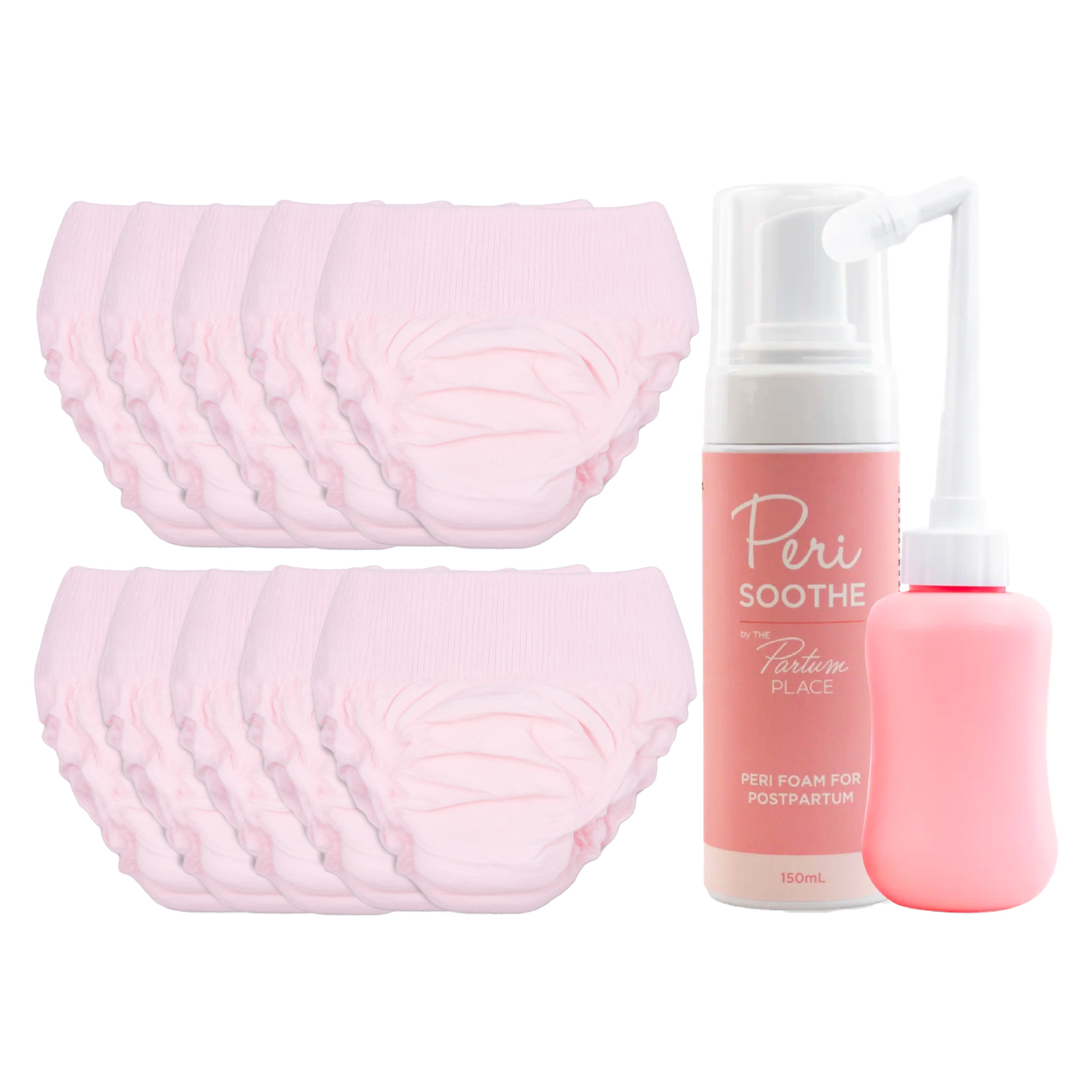 Partum Panties - High-Waisted Disposable Postpartum Underwear - Medium - Pack of 15 With Postpartum Peri Soothe Foam - 150 ml And Postpartum Peri Bottle