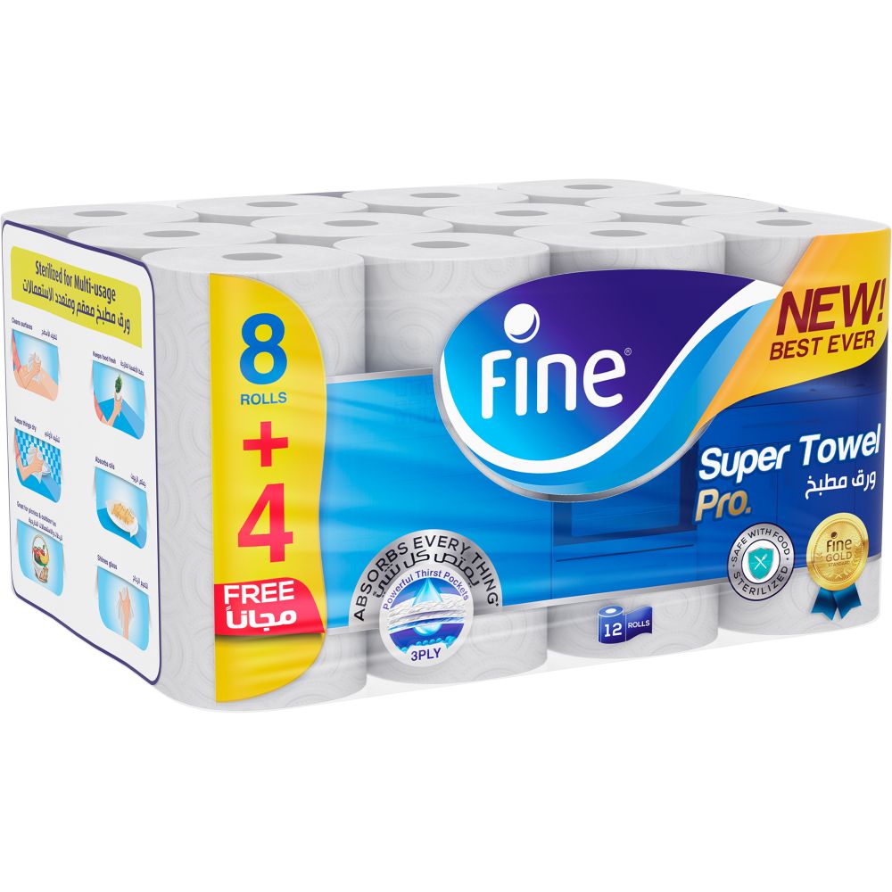 Fine - Kitchen Paper Towel - Highly Absorbent 3 Ply Tissue - 12 Rolls