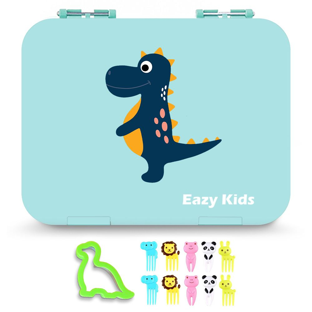 Eazy Kids 6 Compartment Bento Lunch Box with sandwich cutter- Dino Green