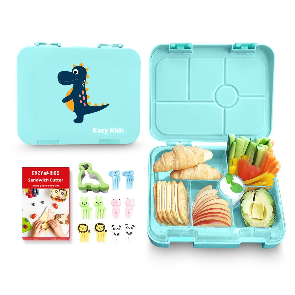 Eazy Kids 6 Compartment Bento Lunch Box with sandwich cutter- Dino Green
