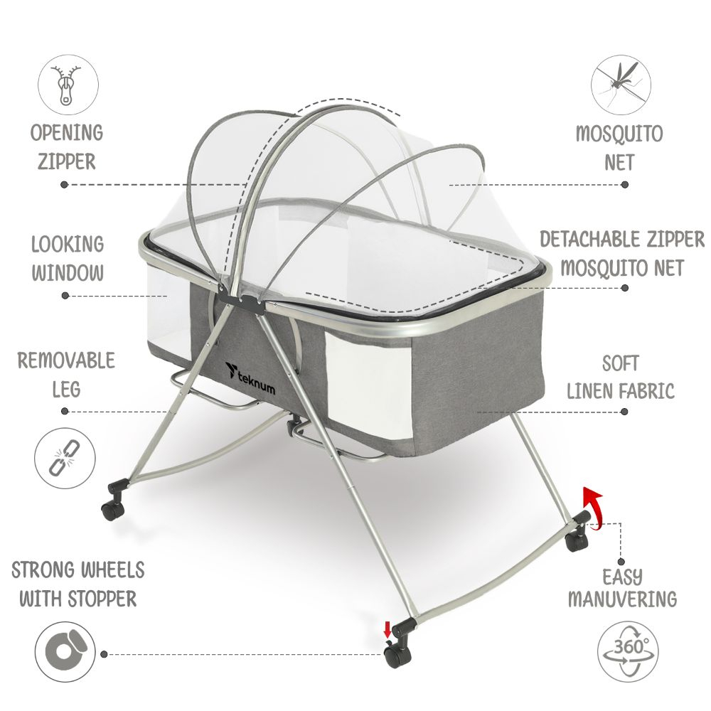 Teknum - 3-in-1 Baby Cot/Cradle with Mosquito Net & Wheels - Grey