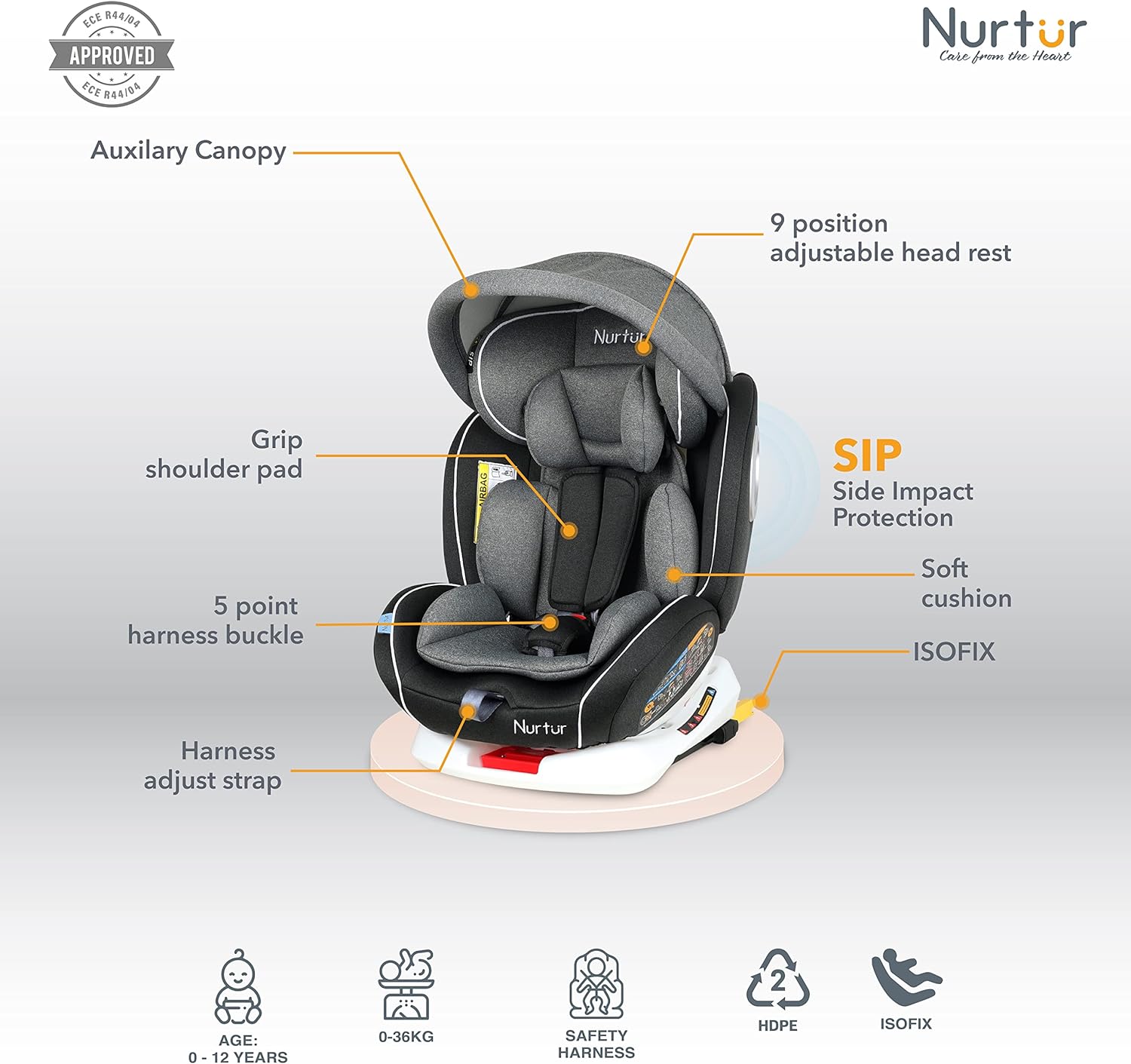 Nurtur - 4-In-1 Ultra Baby Car Seat Isofix 9 With Canopy - Shiny Grey